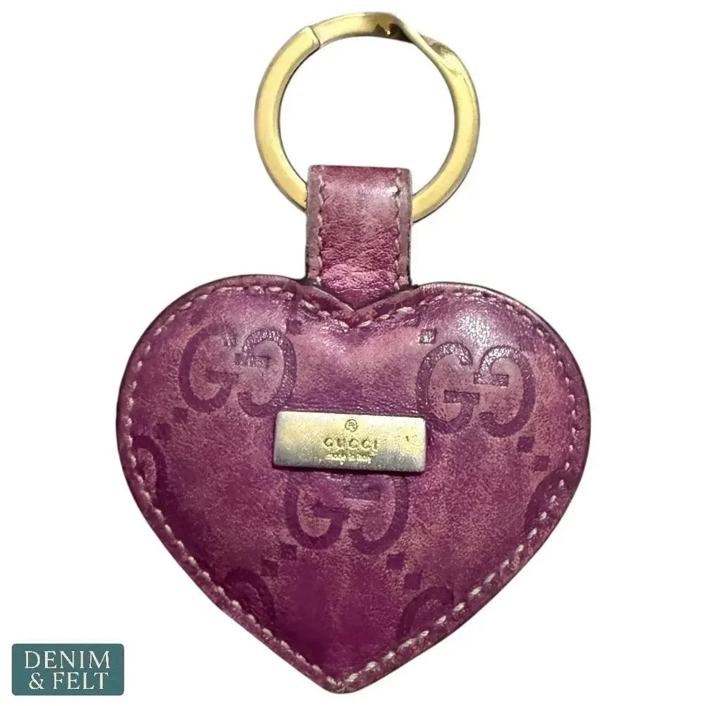 Gucci Monogram Leather Heart Key Ring in Magenta Pink‎ with Gold Hardware